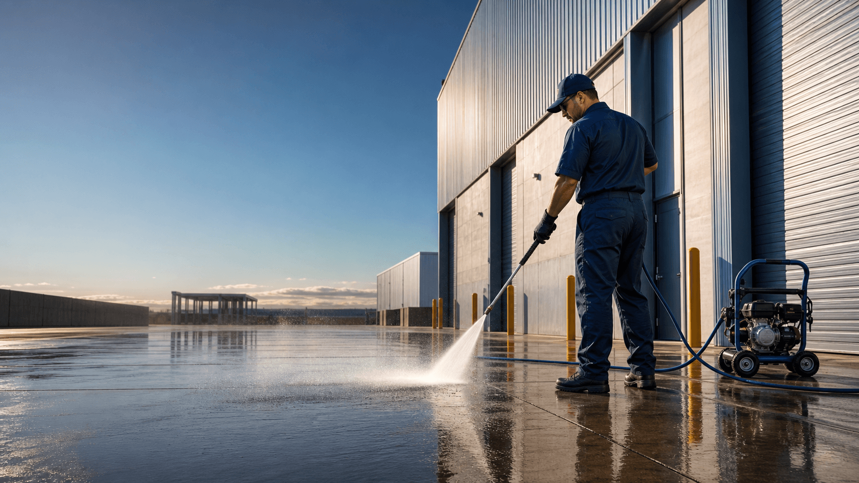 A Marquez Power Wash technician cleaning a commercial loading area